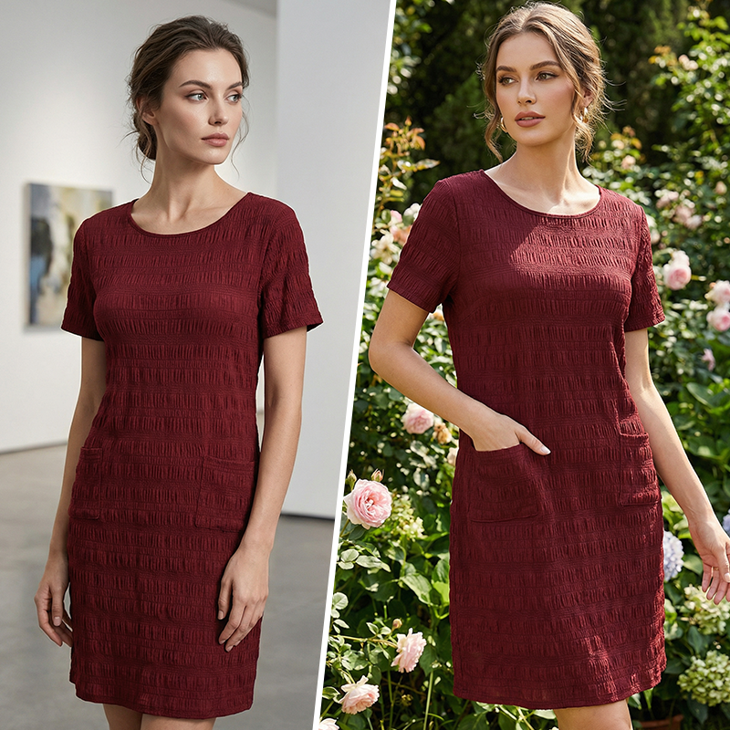 Textured Round-Neck Shift Dress with Front Pockets