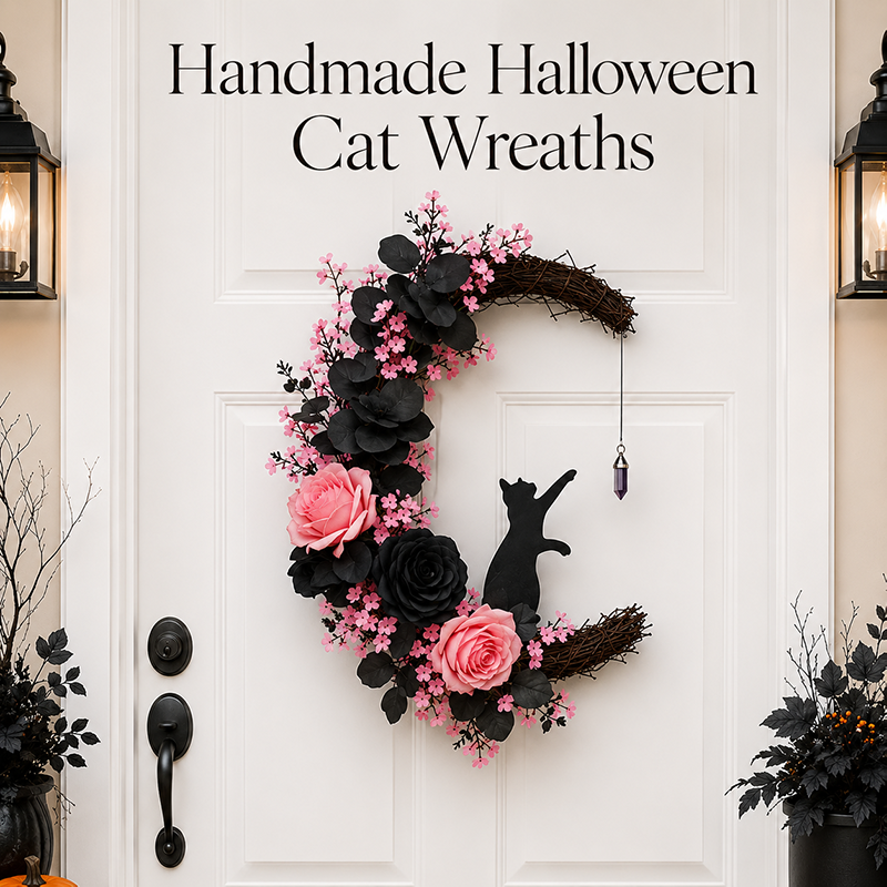 Black Cat Halloween Wreath with Gothic Floral Design