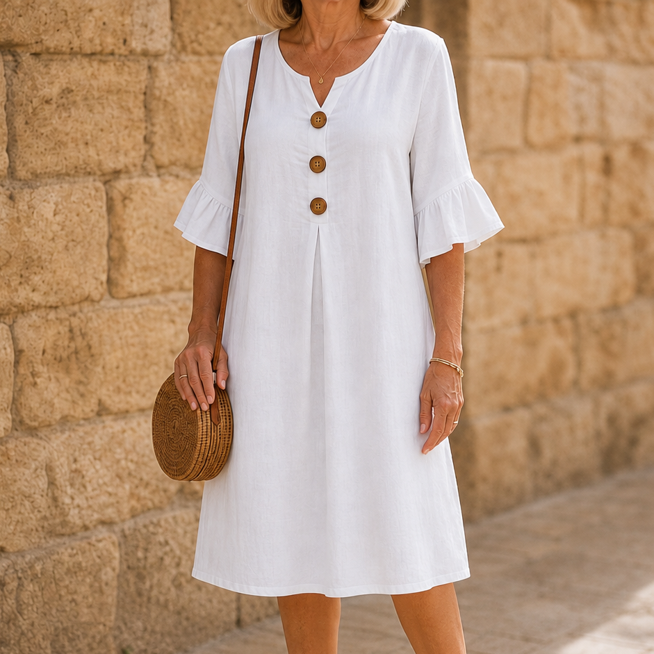 V-Neck Button-Front Midi Dress with Ruffle Sleeves