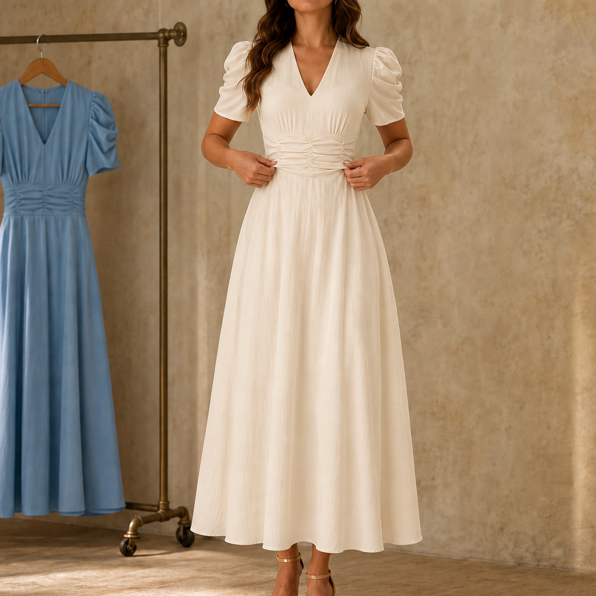 Ruched-Waist V-Neck Midi Dress with Puff Sleeves