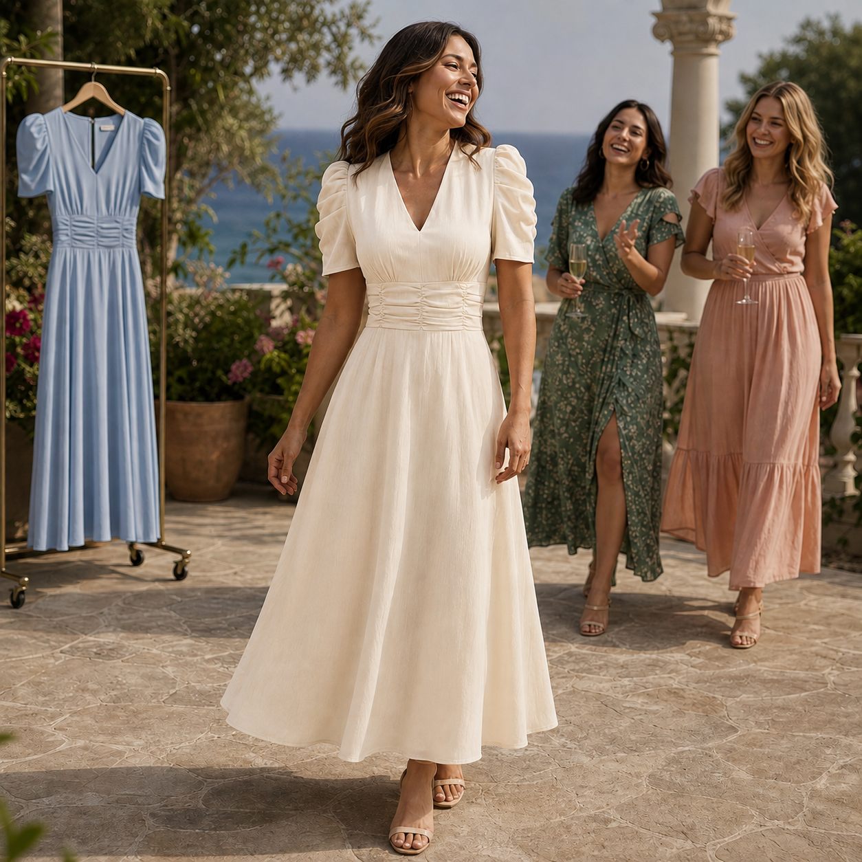 Ruched-Waist V-Neck Midi Dress with Puff Sleeves