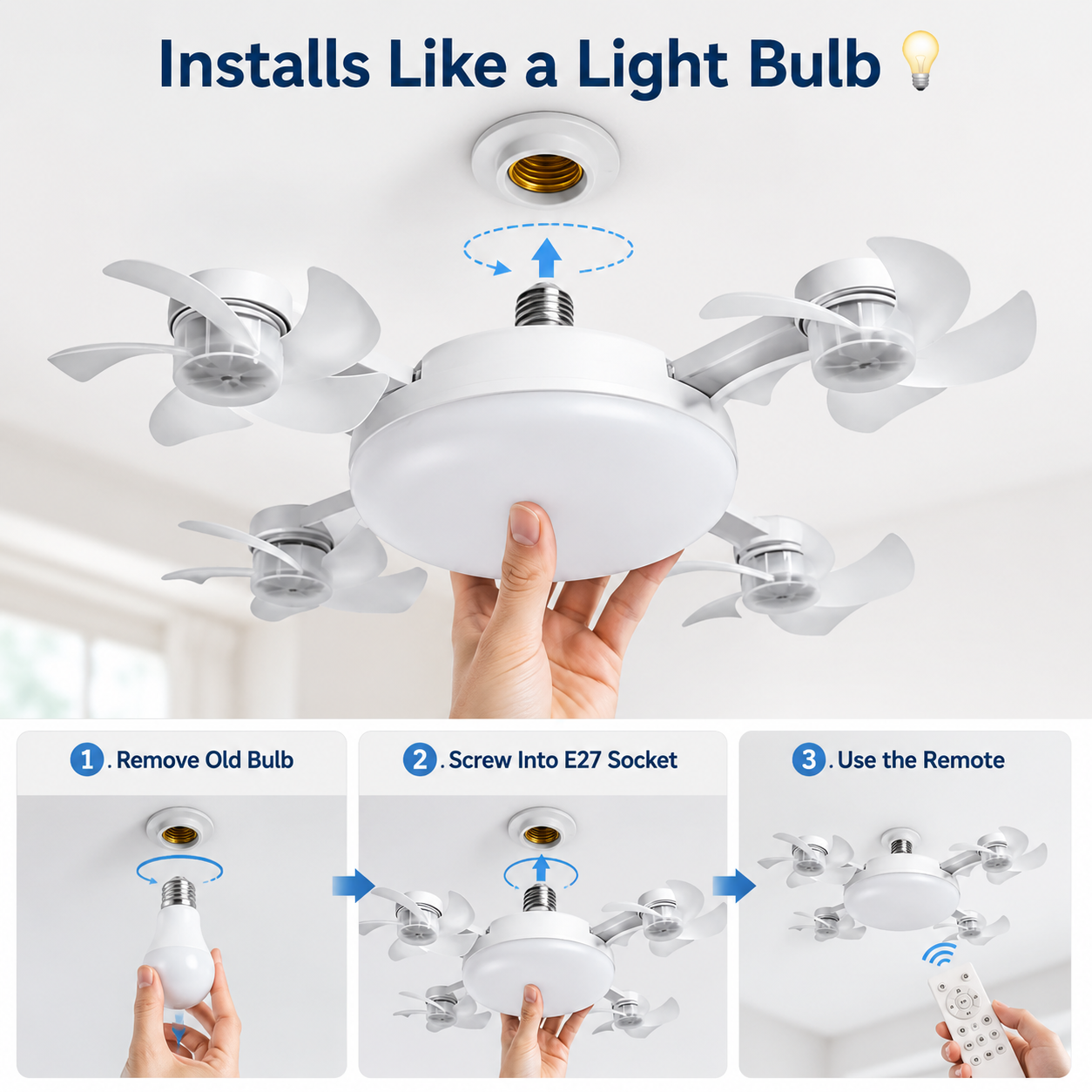 🌀New E27 Socket Ceiling Fan Light – 2‑in‑1 Silent LED Fan with Remote Control, Energy‑Saving Cooling & Lighting Combo for Home Bedroom