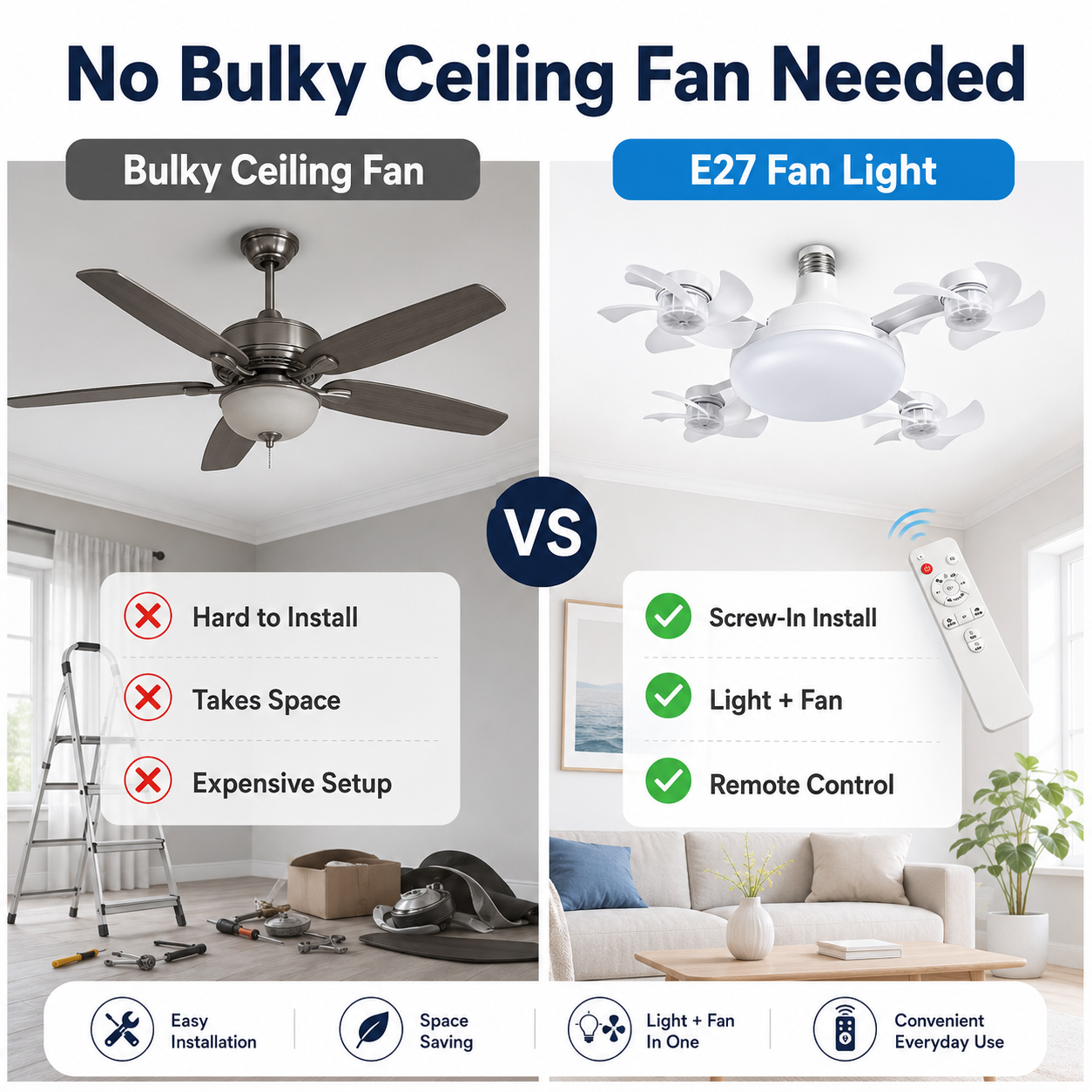 🌀New E27 Socket Ceiling Fan Light – 2‑in‑1 Silent LED Fan with Remote Control, Energy‑Saving Cooling & Lighting Combo for Home Bedroom