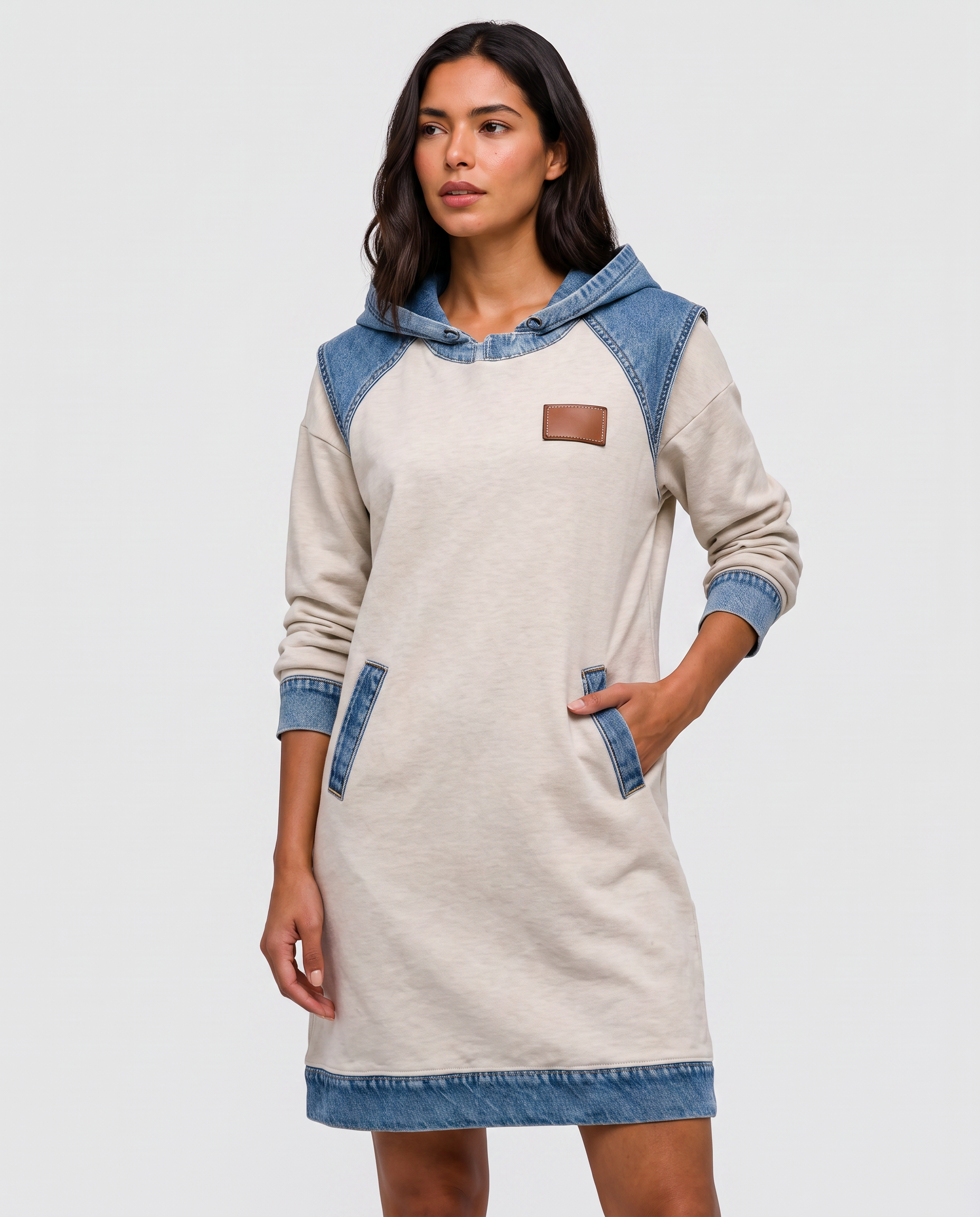 60% OFF | Denim Drift™ Hooded Dress with Denim-Style Trim