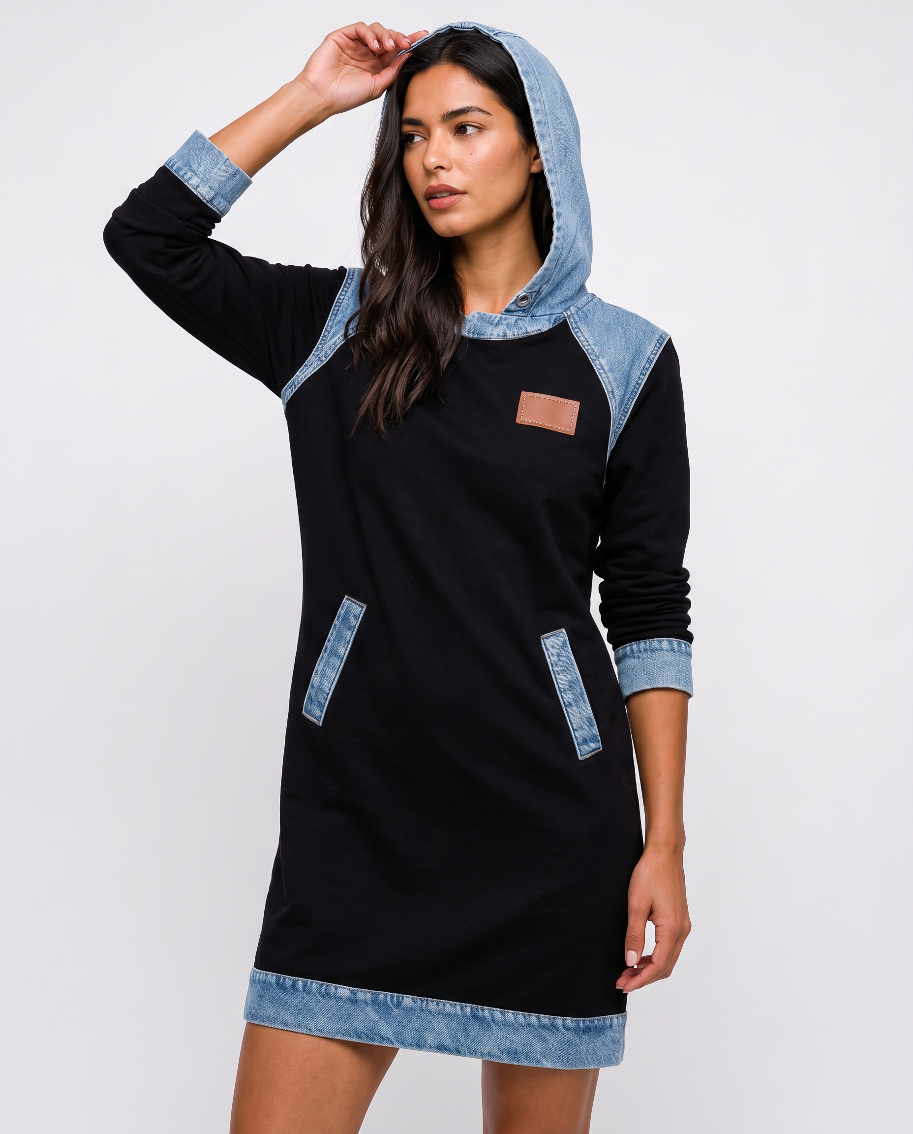 60% OFF | Denim Drift™ Hooded Dress with Denim-Style Trim