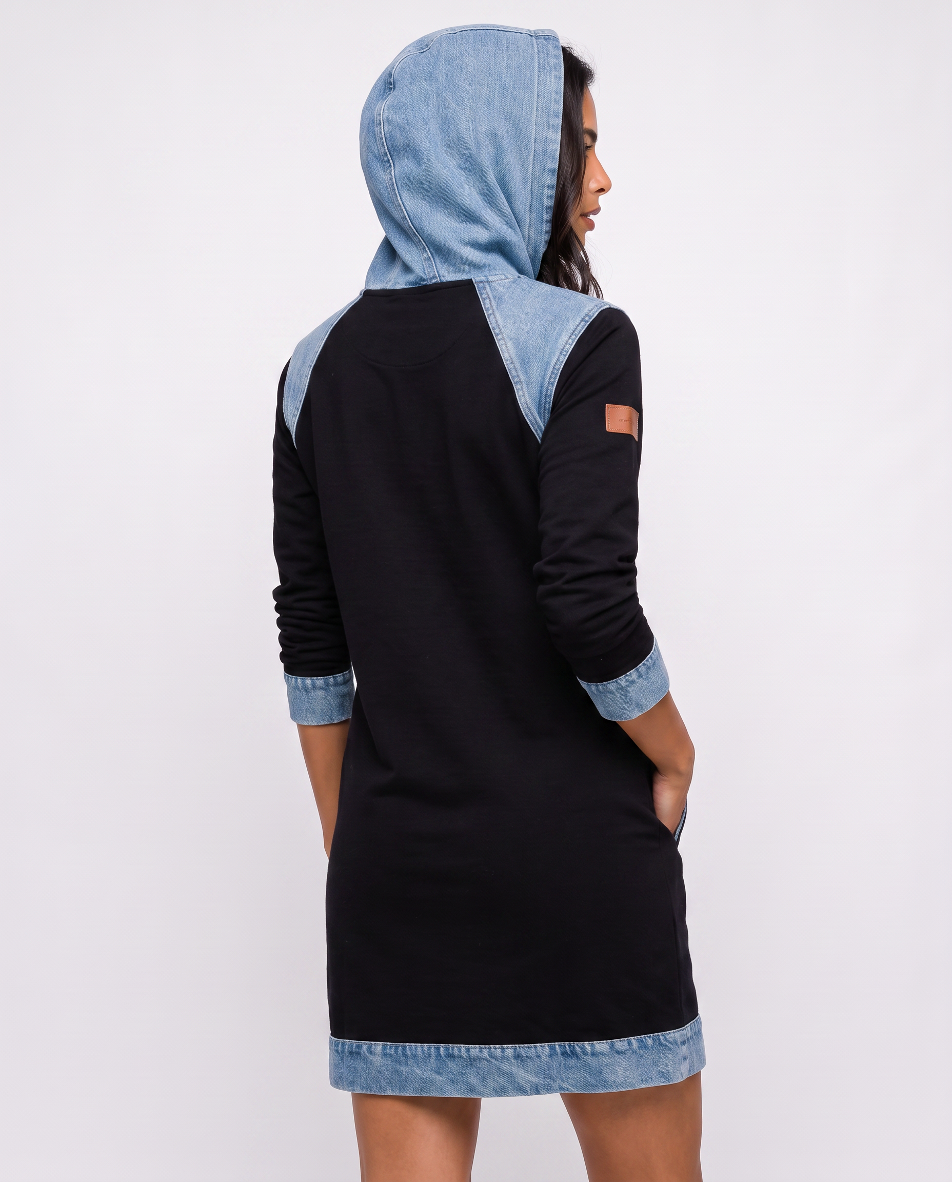 60% OFF | Denim Drift™ Hooded Dress with Denim-Style Trim