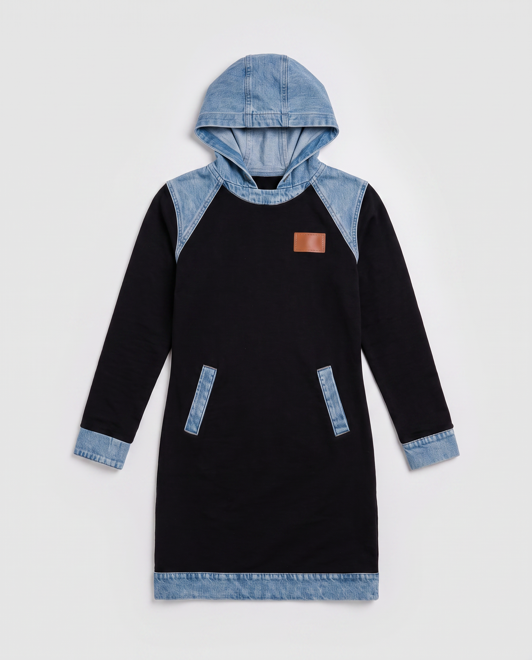 60% OFF | Denim Drift™ Hooded Dress with Denim-Style Trim