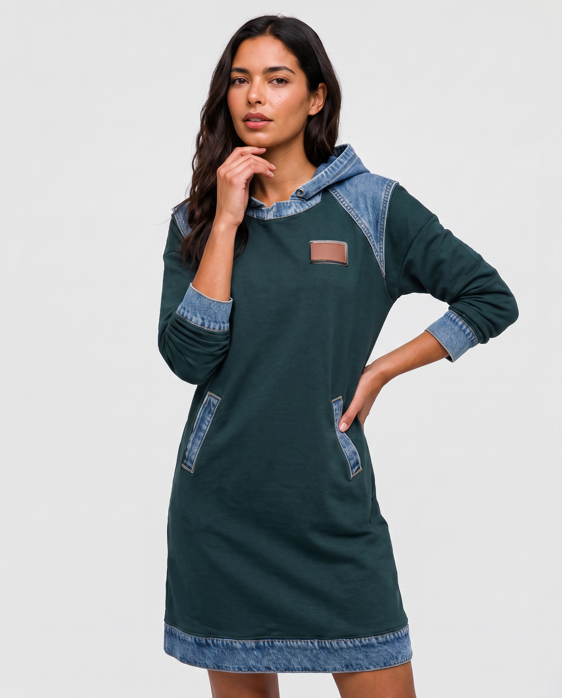60% OFF | Denim Drift™ Hooded Dress with Denim-Style Trim