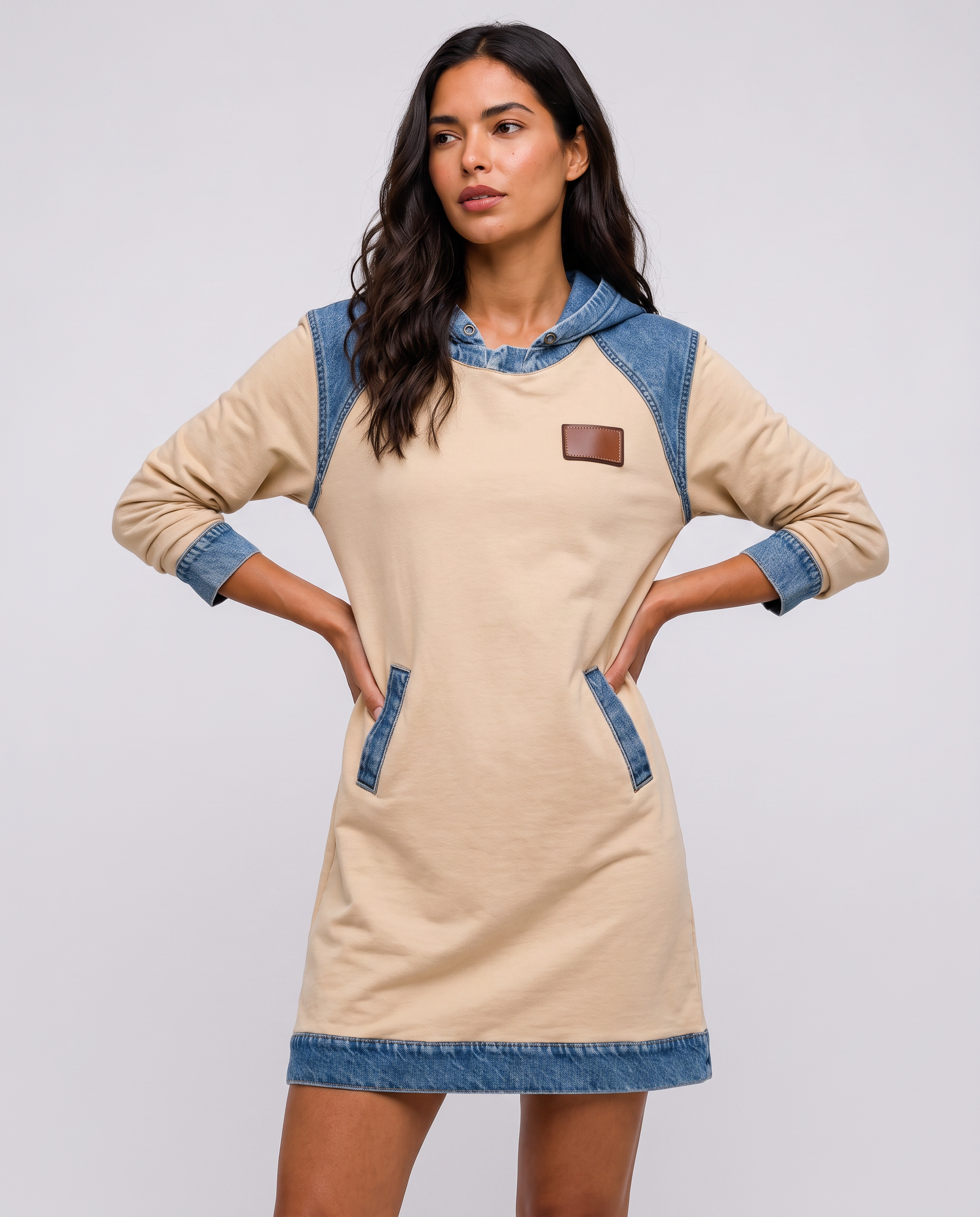 60% OFF | Denim Drift™ Hooded Dress with Denim-Style Trim