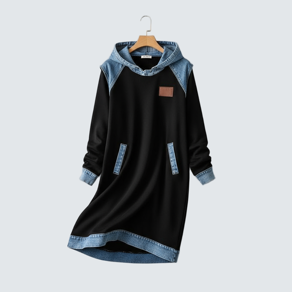 60% OFF | Denim Drift™ Hooded Dress with Denim-Style Trim