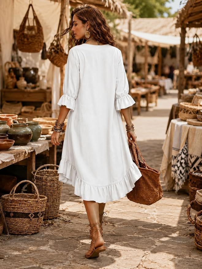 Bohemian ruffle midi dress beach market and casual styling