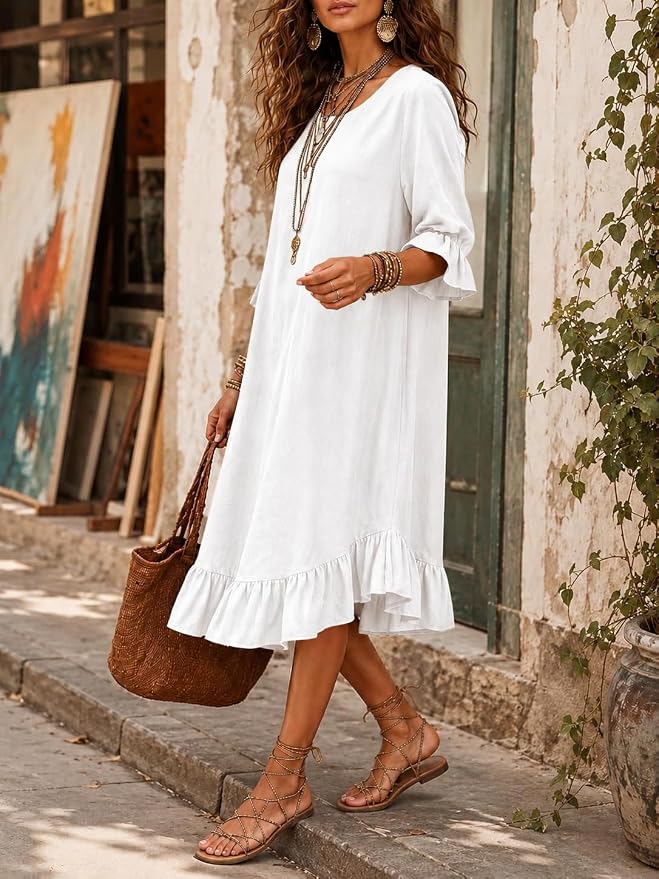 Relaxed bohemian A-line ruffle dress