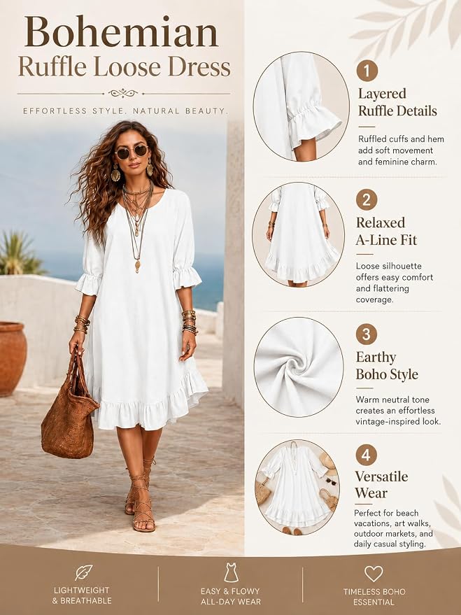 White bohemian ruffle-hem midi dress front view