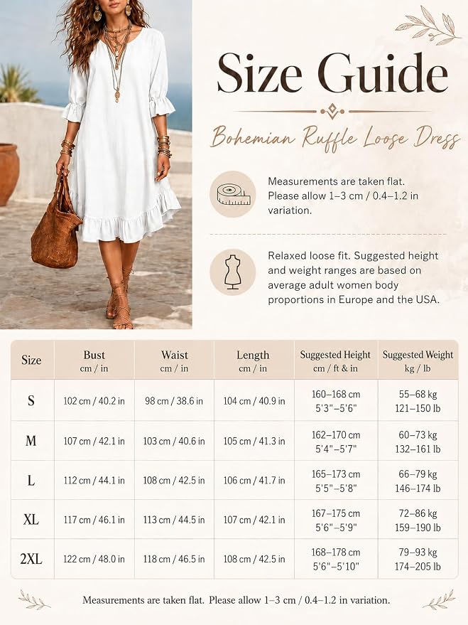 Bohemian ruffle-hem midi dress with three-quarter sleeves