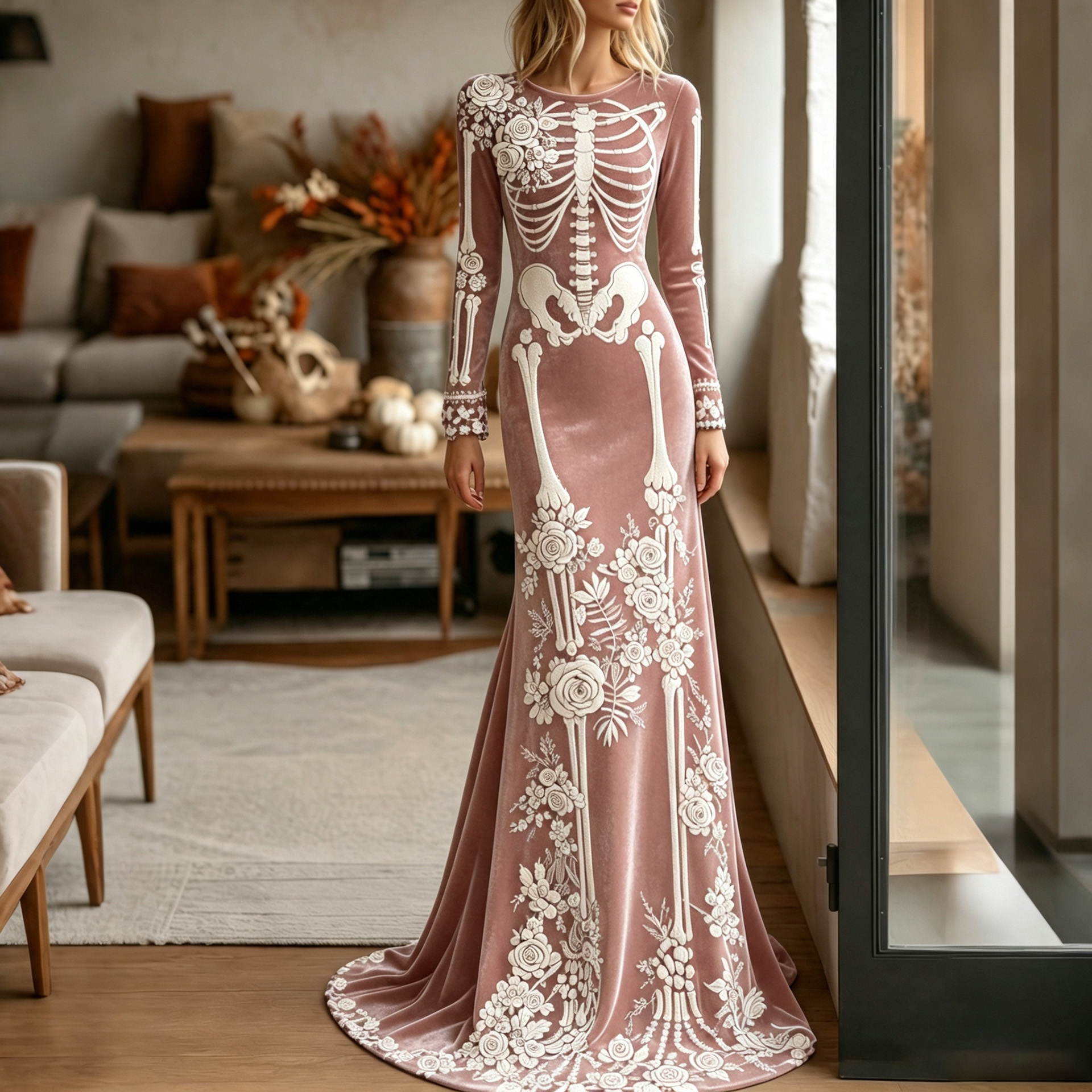 Women's Halloween Dark Gothic Rose Skeleton Maxi Dress