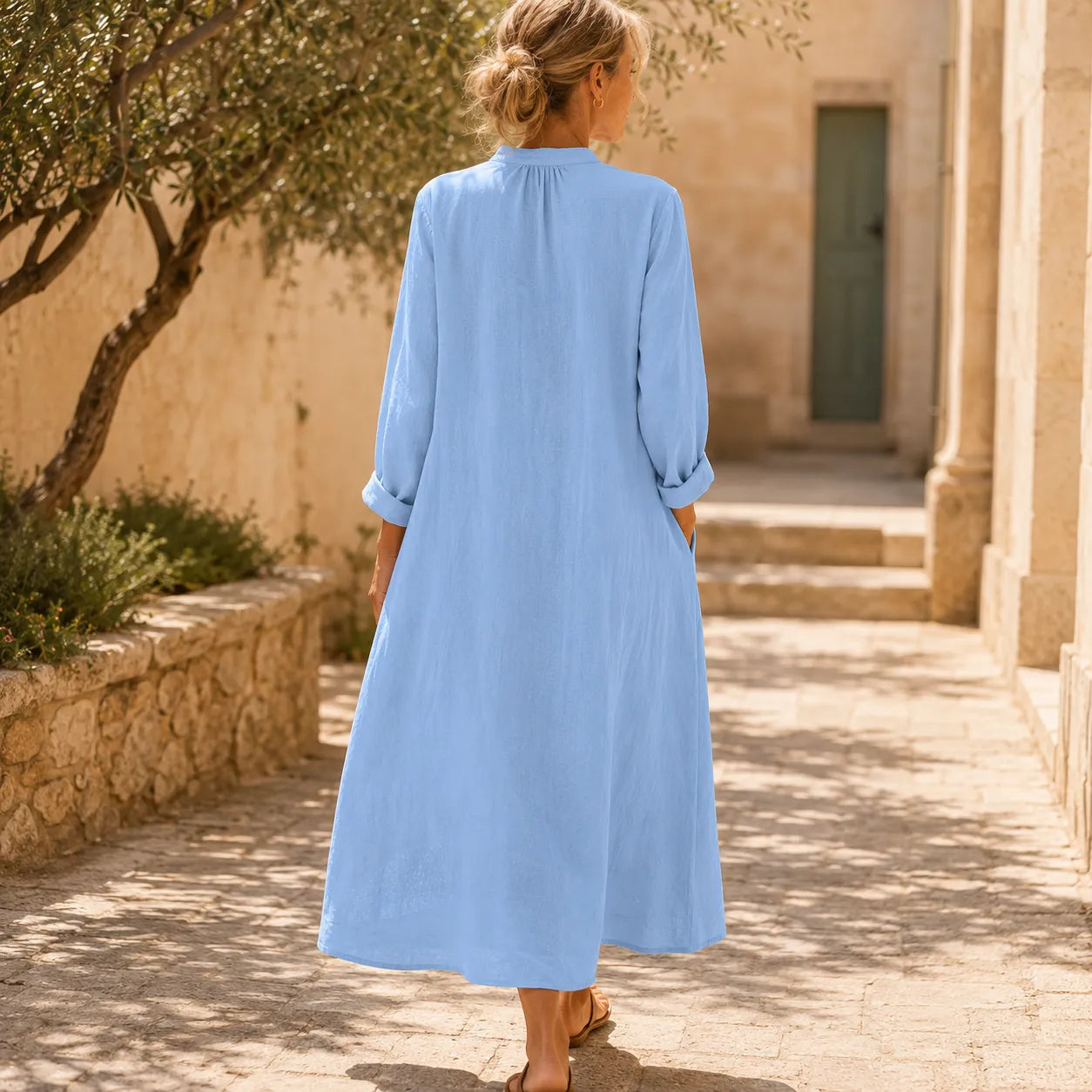 Flowy Pintuck Midi Shirt Dress with 3/4 Sleeves