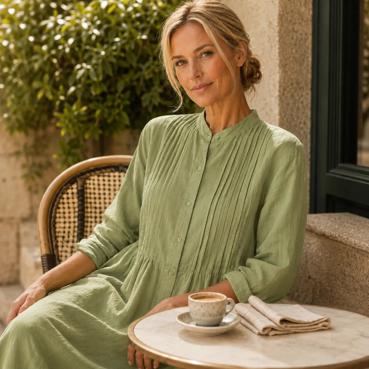 Flowy Pintuck Midi Shirt Dress with 3/4 Sleeves