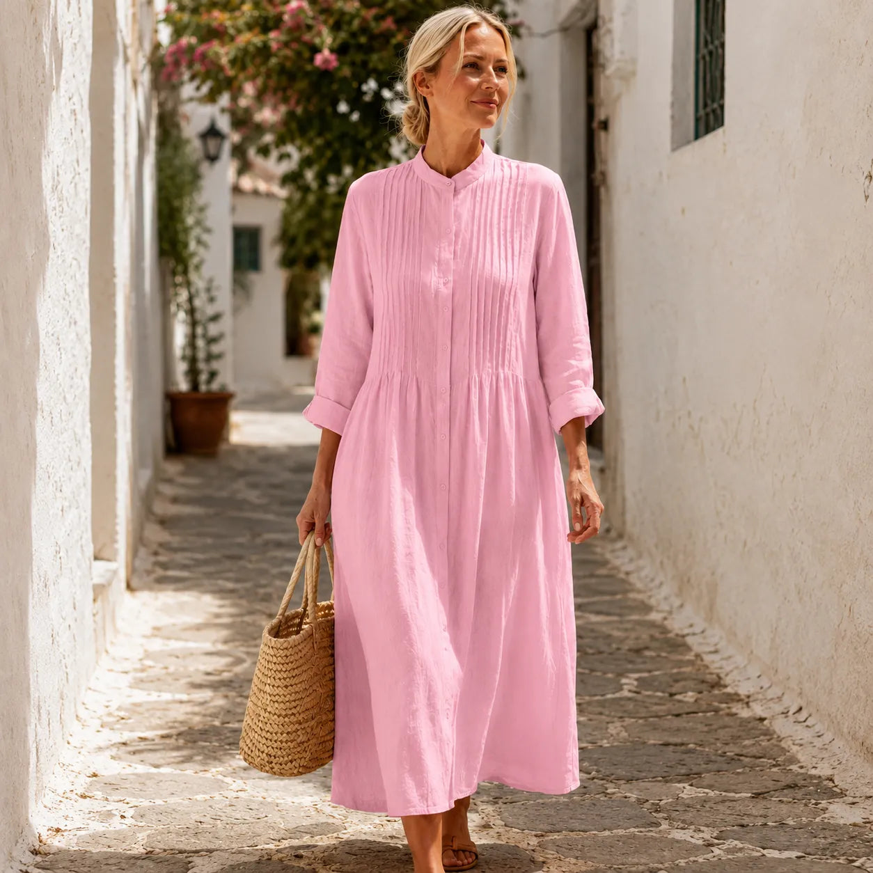 Flowy Pintuck Midi Shirt Dress with 3/4 Sleeves