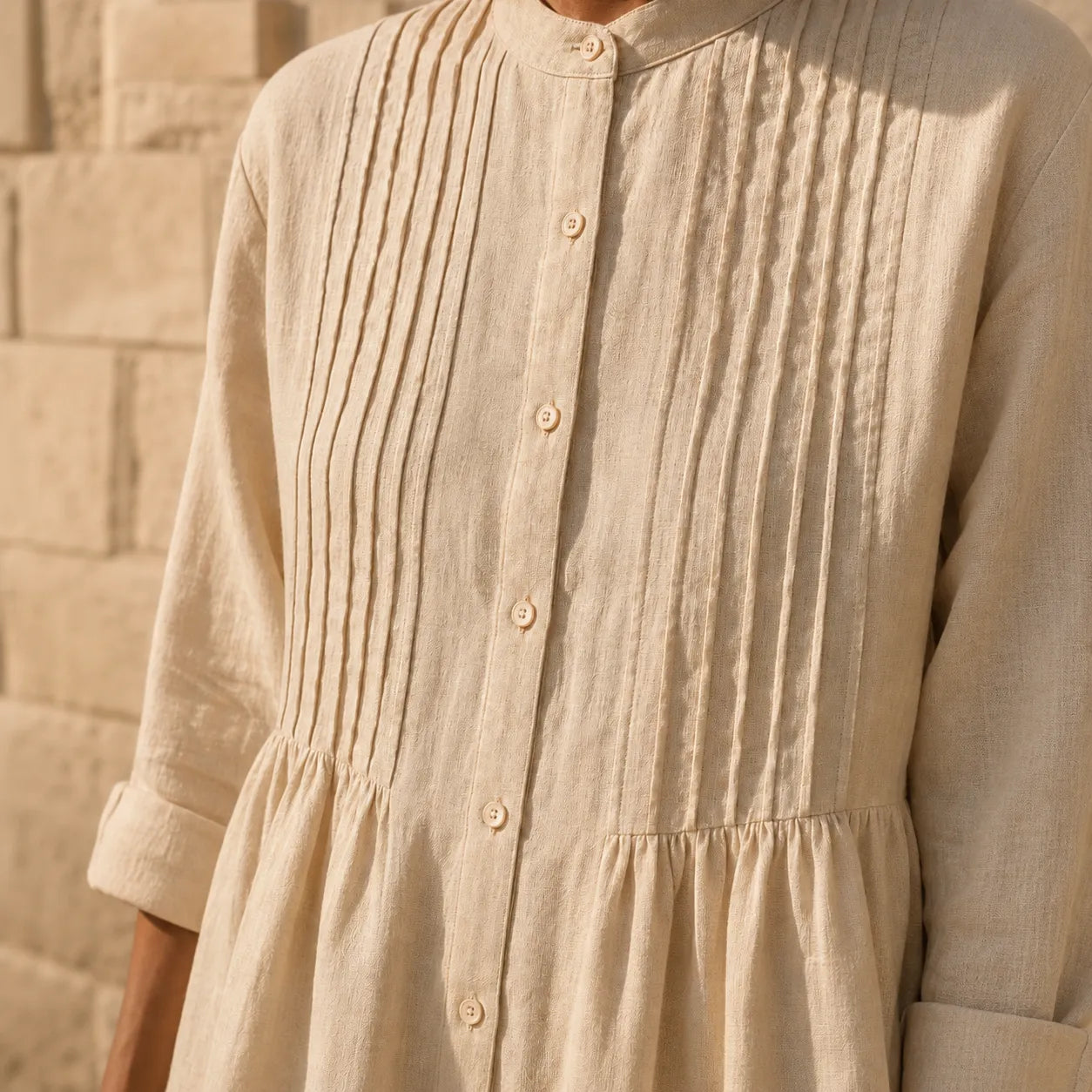 Flowy Pintuck Midi Shirt Dress with 3/4 Sleeves