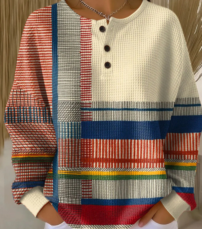 Women's Geometric Print Button-Up Casual Waffle Knit Sweatshirt