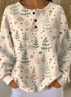 Women's Geometric Print Button-Up Casual Waffle Knit Sweatshirt