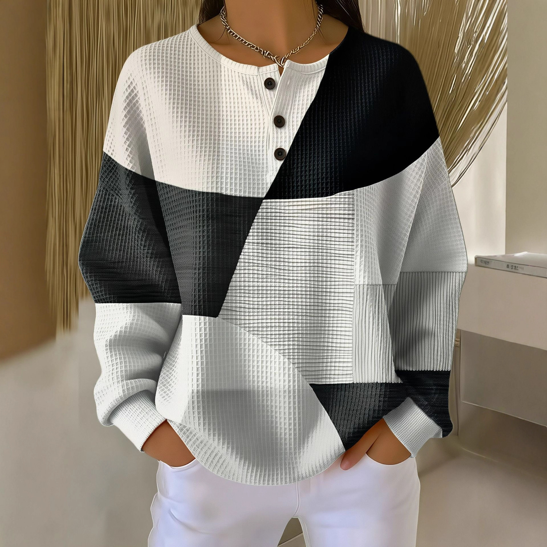 Women's Geometric Print Button-Up Casual Waffle Knit Sweatshirt