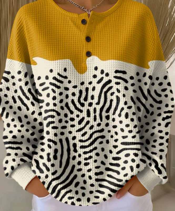 Women's Geometric Print Button-Up Casual Waffle Knit Sweatshirt