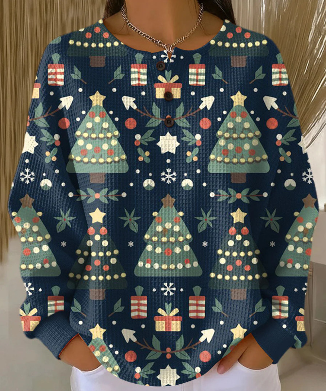 Women's Geometric Print Button-Up Casual Waffle Knit Sweatshirt