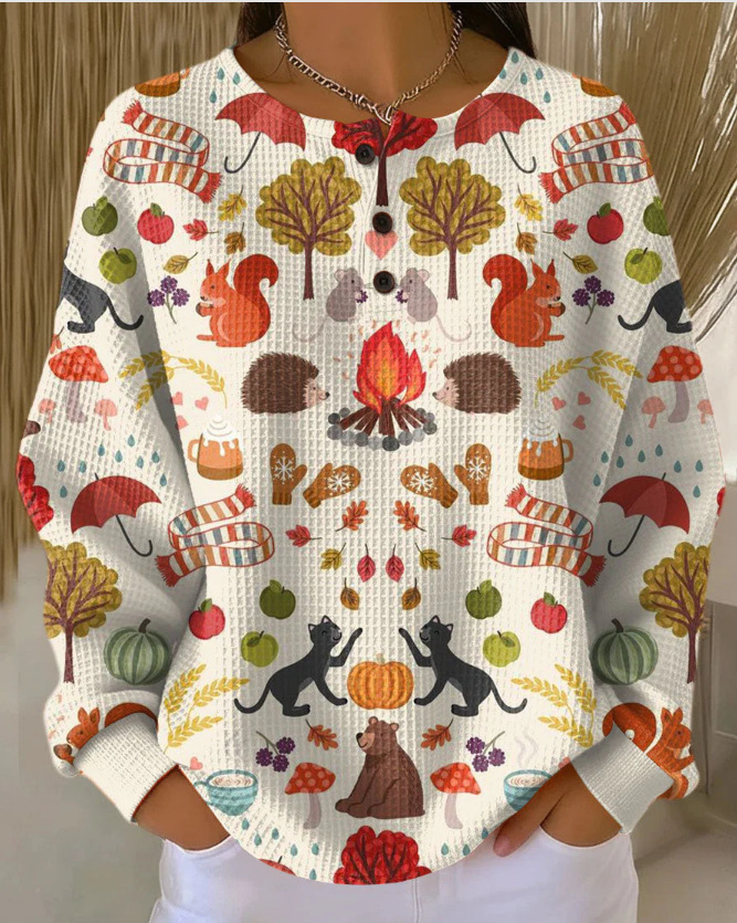 Women's Geometric Print Button-Up Casual Waffle Knit Sweatshirt