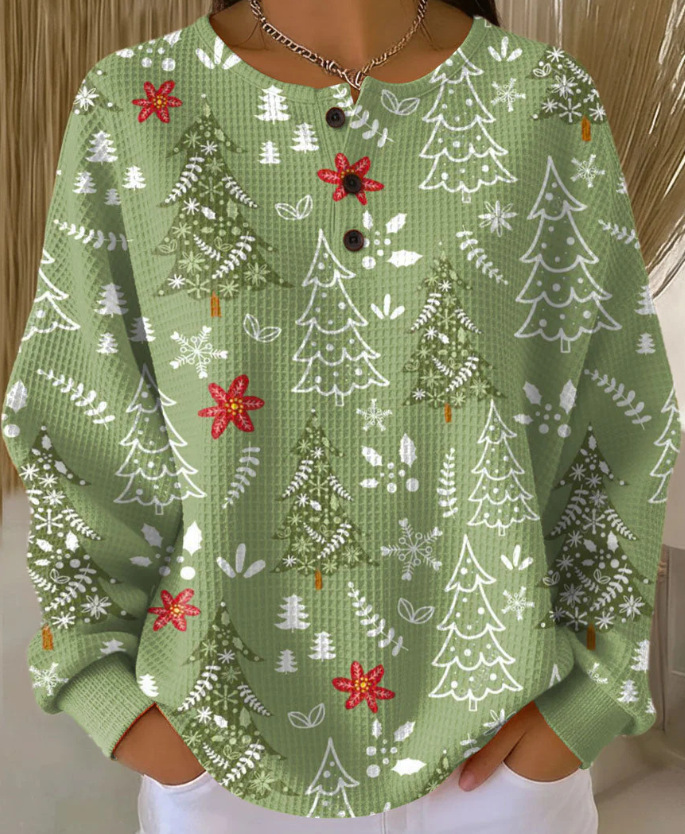 Women's Geometric Print Button-Up Casual Waffle Knit Sweatshirt