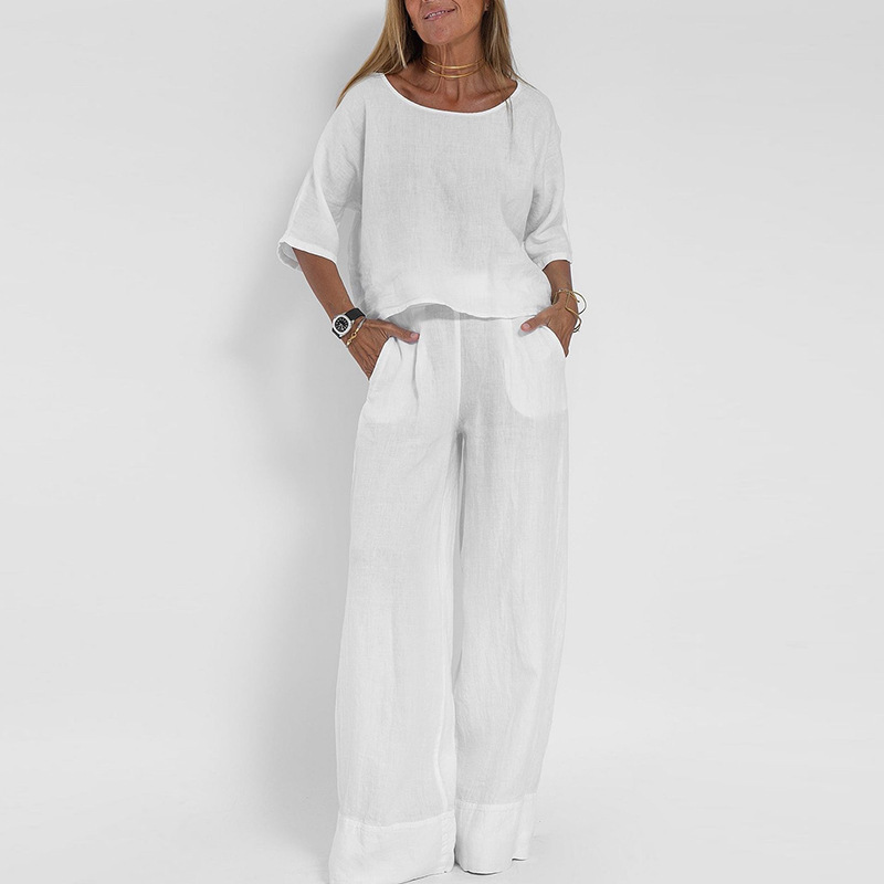Cross-Border Amazon Aliexpress European And American Summer New Women'S Casual Loose Solid Color Short-Sleeved Cotton And Linen Pants Suit