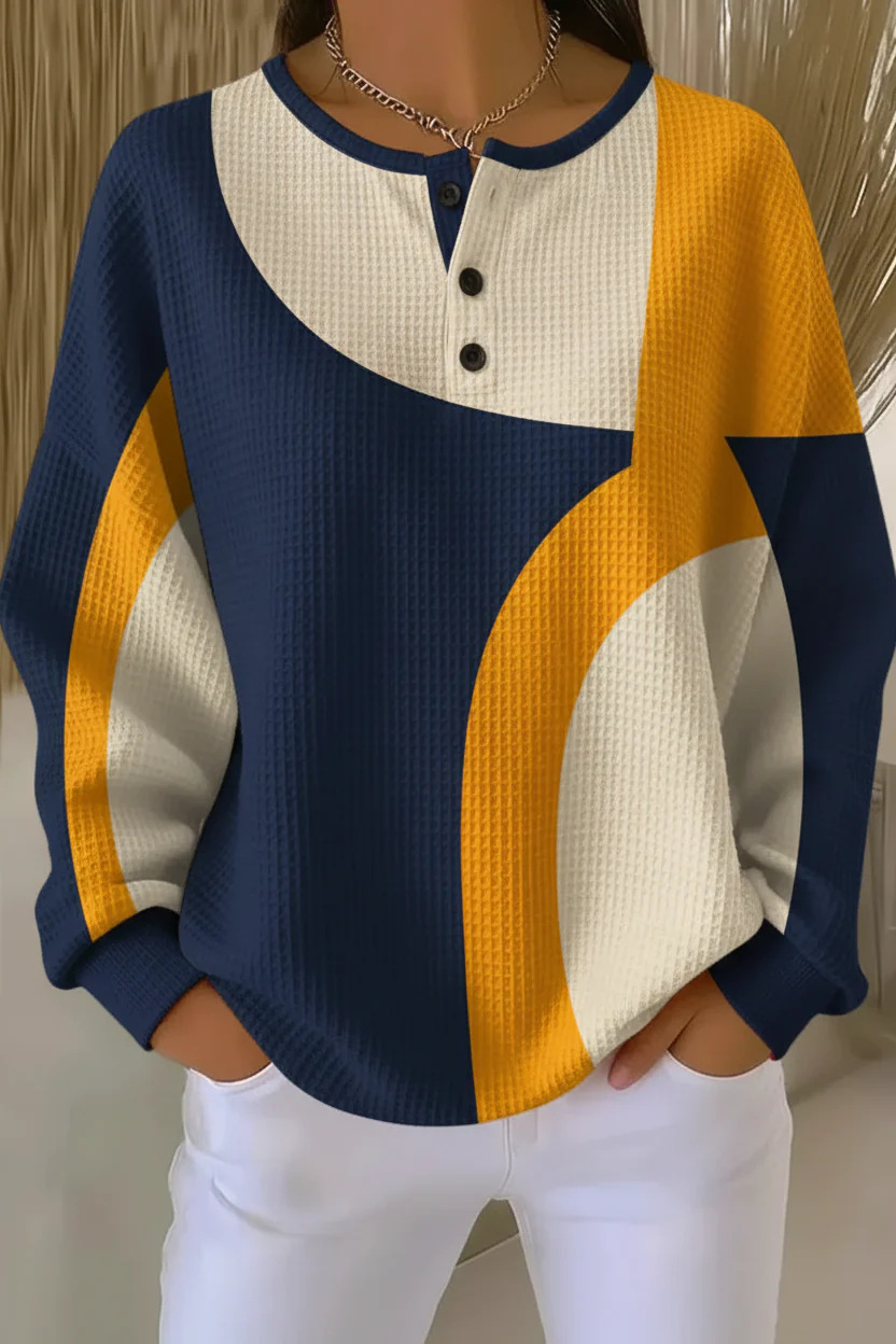 Women's Geometric Print Button-Up Casual Waffle Knit Sweatshirt