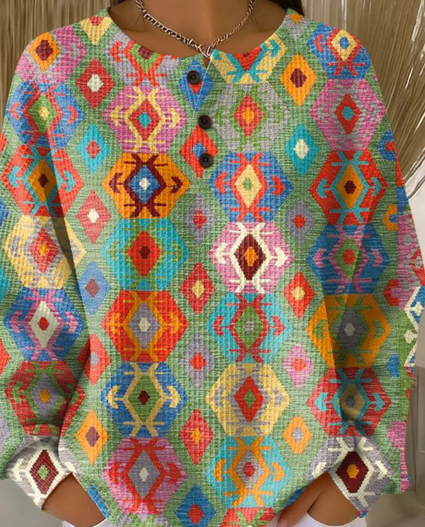 Women's Geometric Print Button-Up Casual Waffle Knit Sweatshirt