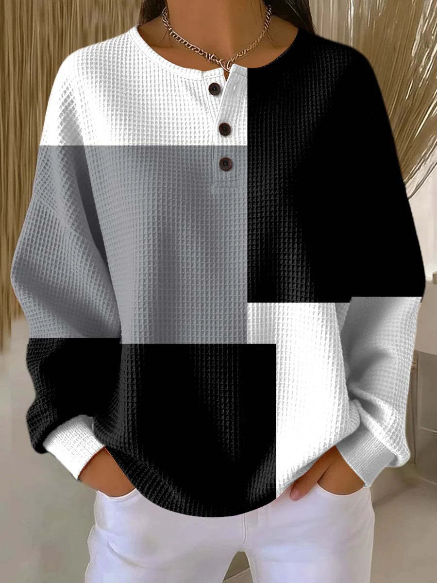 Women's Geometric Print Button-Up Casual Waffle Knit Sweatshirt