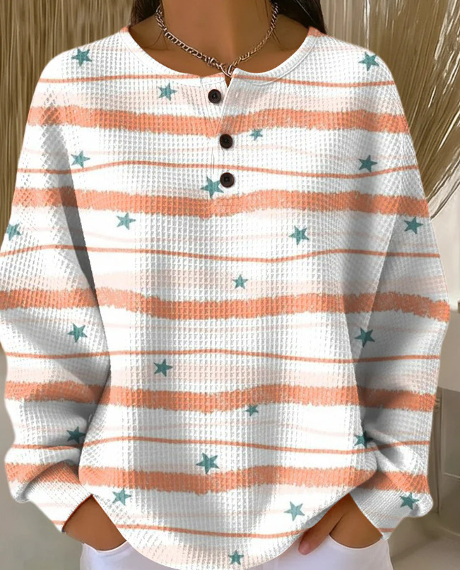 Women's Geometric Print Button-Up Casual Waffle Knit Sweatshirt