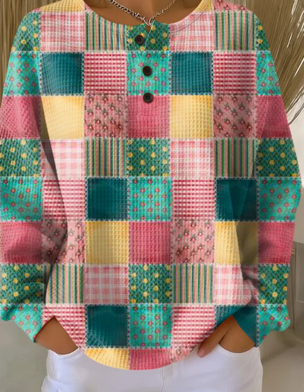 Women's Geometric Print Button-Up Casual Waffle Knit Sweatshirt
