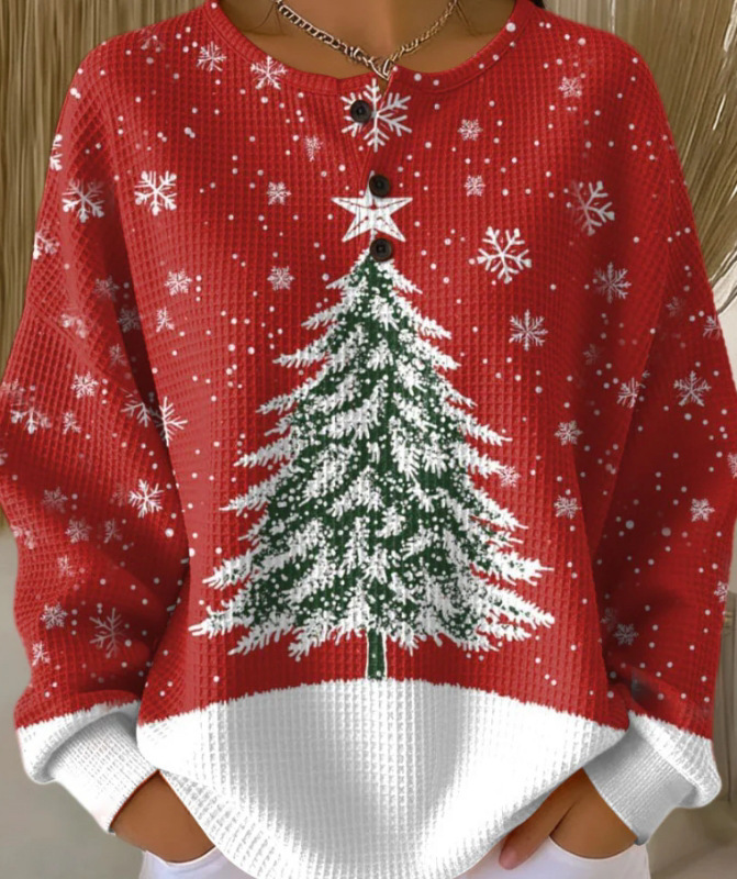 Women's Geometric Print Button-Up Casual Waffle Knit Sweatshirt