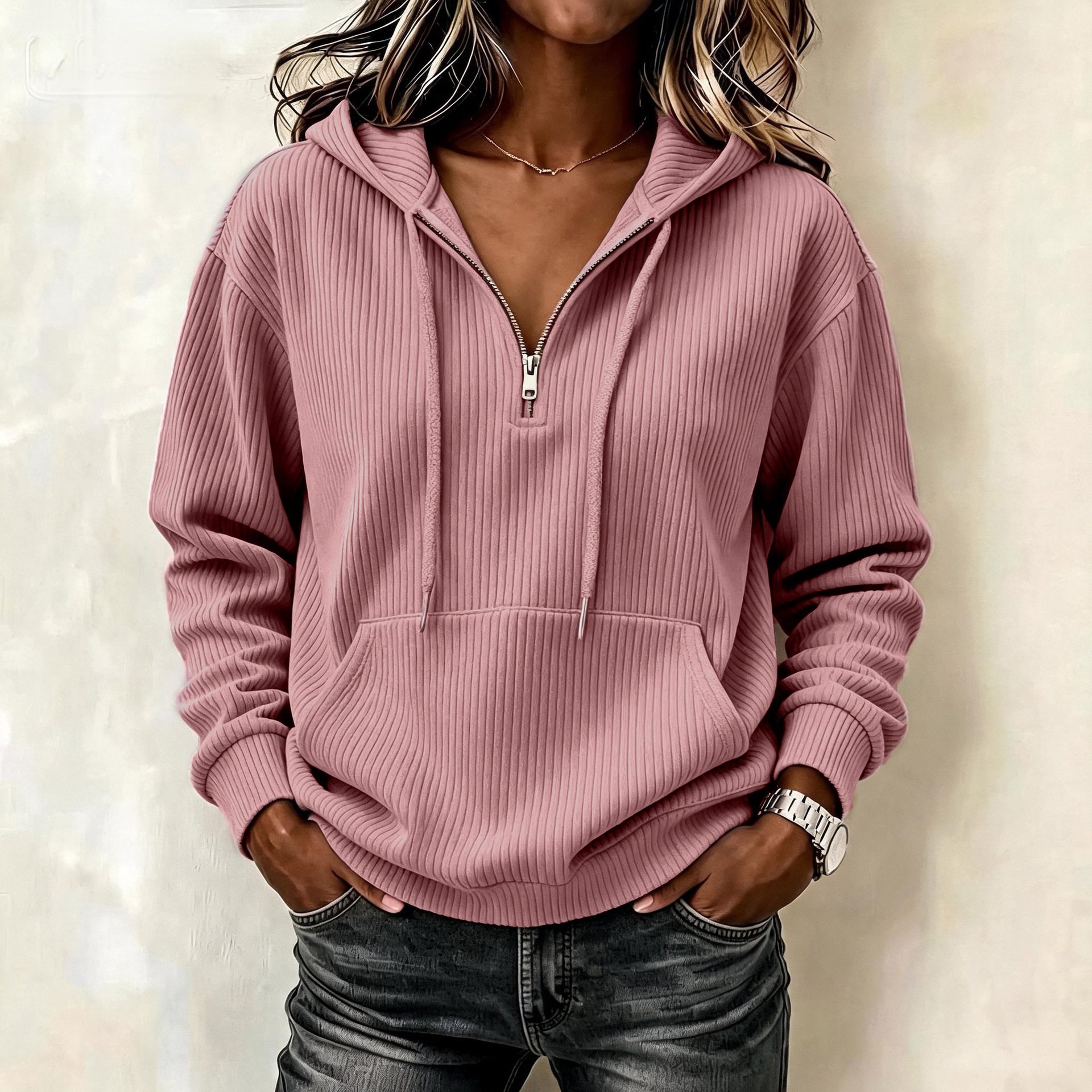Women's Casual Corduroy Quarter-Zip Hoodie with Kangaroo Pocket