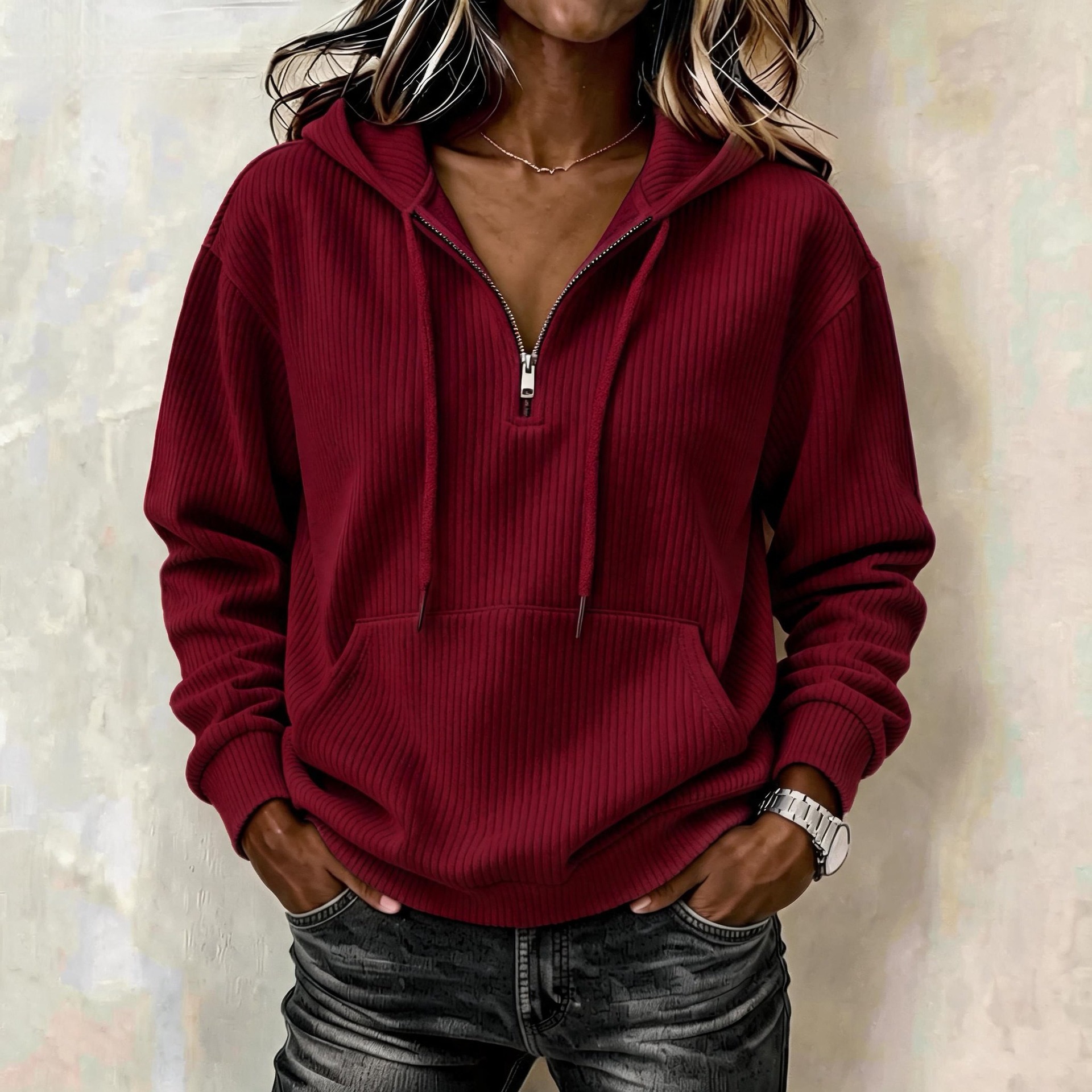 Women's Casual Corduroy Quarter-Zip Hoodie with Kangaroo Pocket