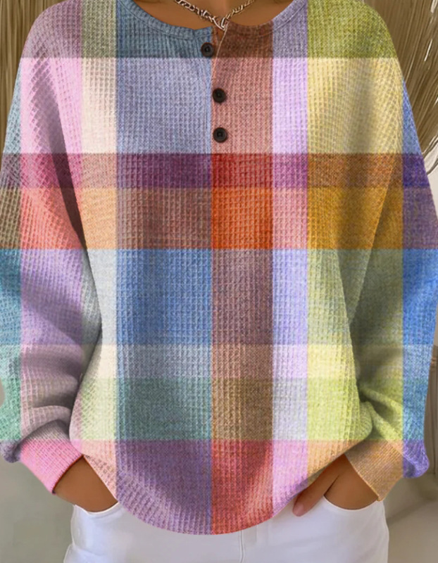 Women's Geometric Print Button-Up Casual Waffle Knit Sweatshirt