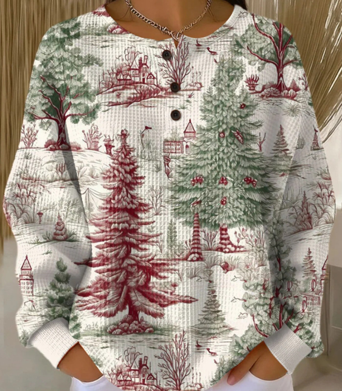 Women's Geometric Print Button-Up Casual Waffle Knit Sweatshirt