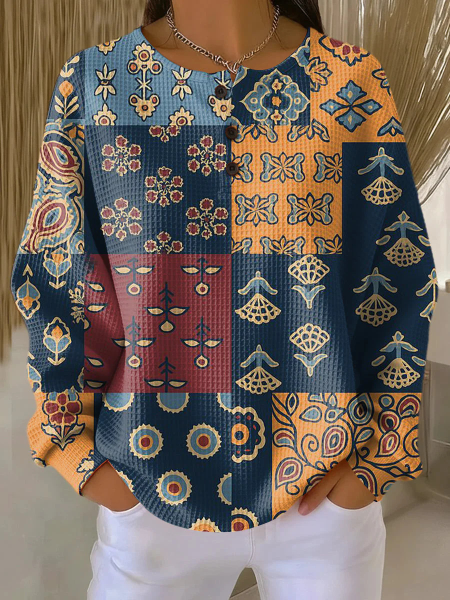 Women's Geometric Print Button-Up Casual Waffle Knit Sweatshirt
