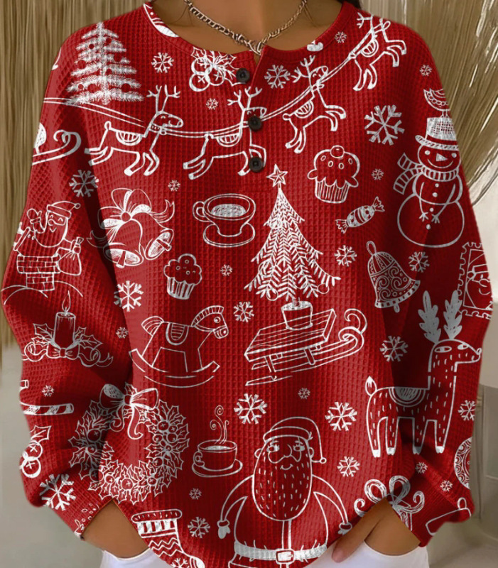 Women's Geometric Print Button-Up Casual Waffle Knit Sweatshirt