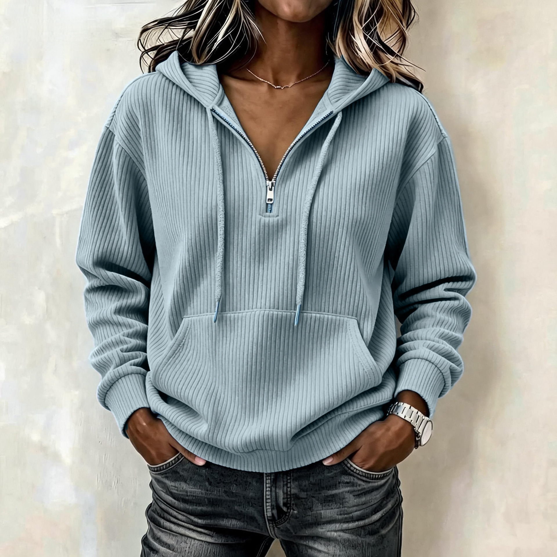 Women's Casual Corduroy Quarter-Zip Hoodie with Kangaroo Pocket