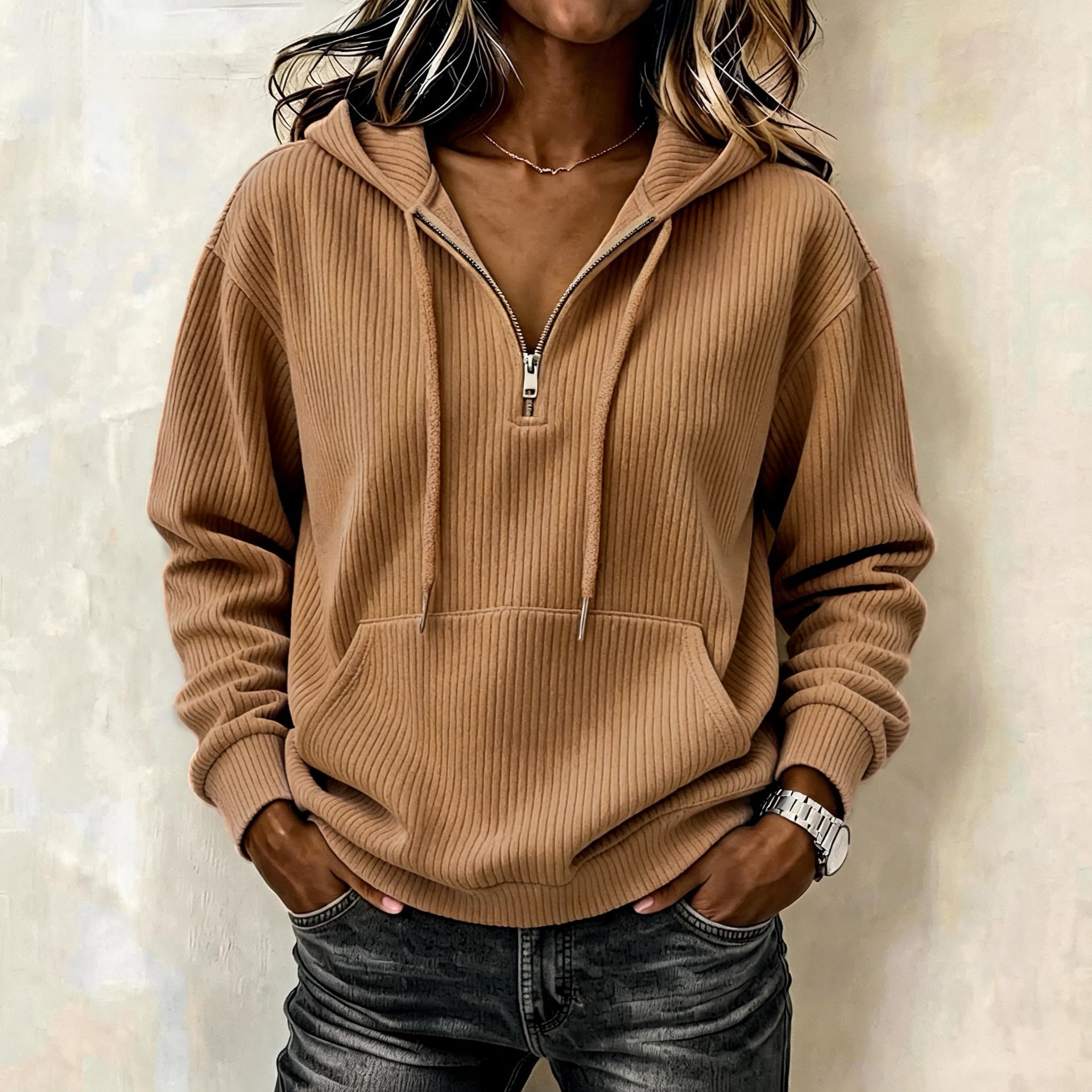 Women's Casual Corduroy Quarter-Zip Hoodie with Kangaroo Pocket
