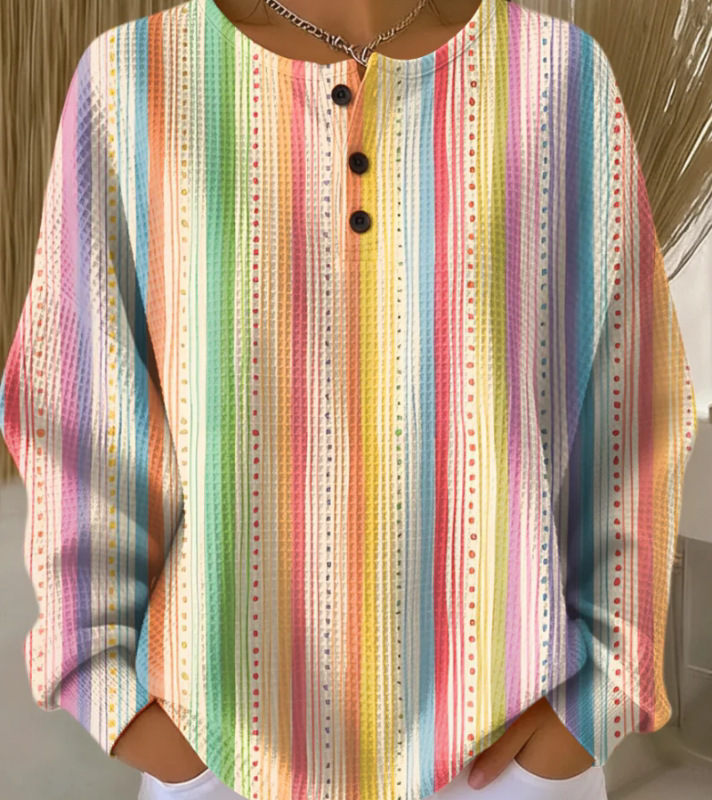 Women's Geometric Print Button-Up Casual Waffle Knit Sweatshirt