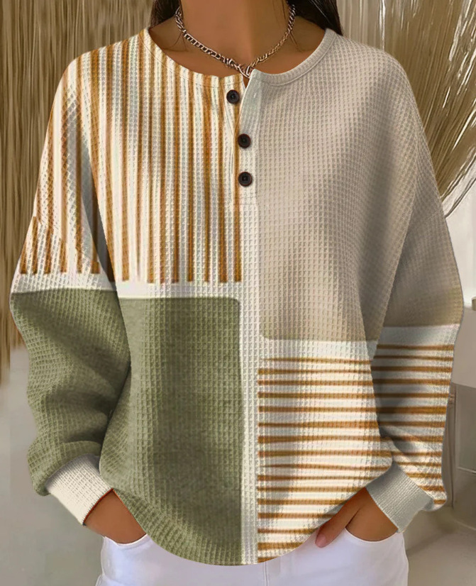 Women's Geometric Print Button-Up Casual Waffle Knit Sweatshirt