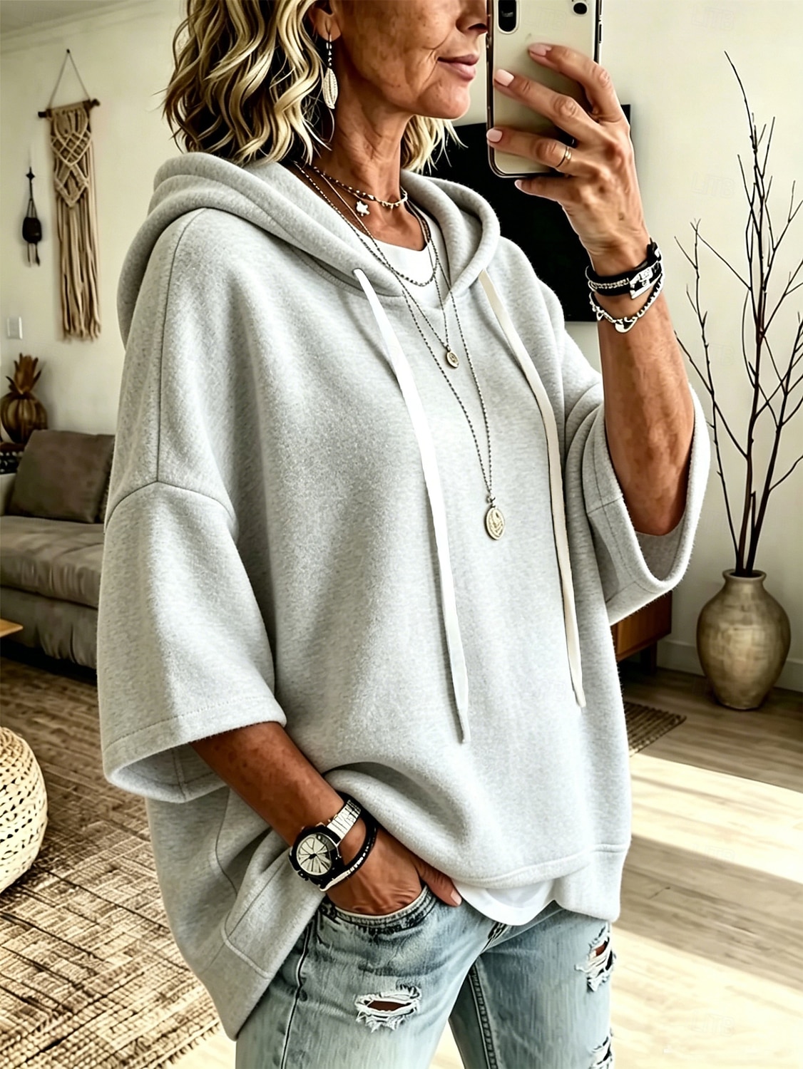 27% OFF | Relaxed 3/4-Sleeve Fleece Hooded Pullover