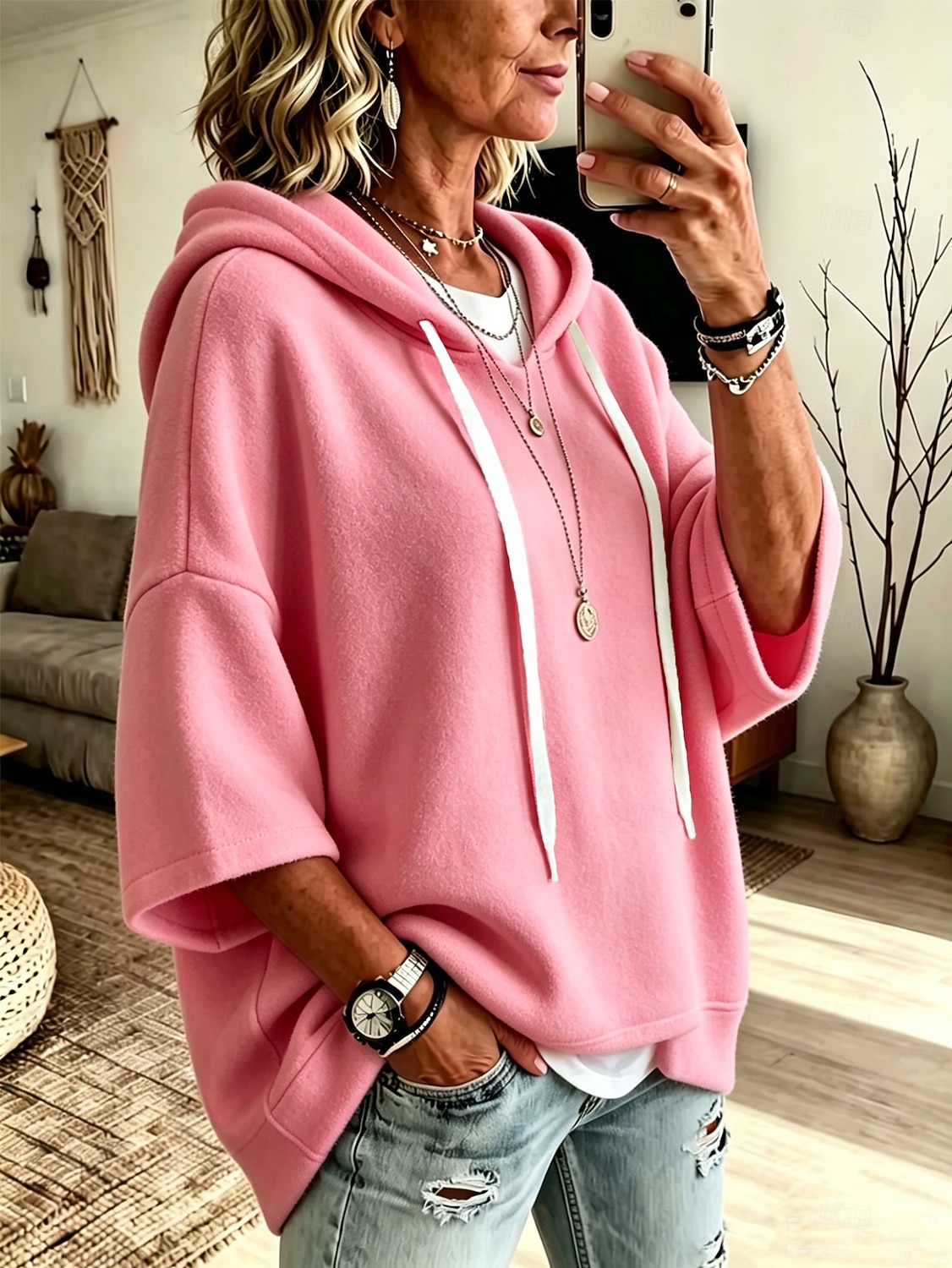 27% OFF | Relaxed 3/4-Sleeve Fleece Hooded Pullover