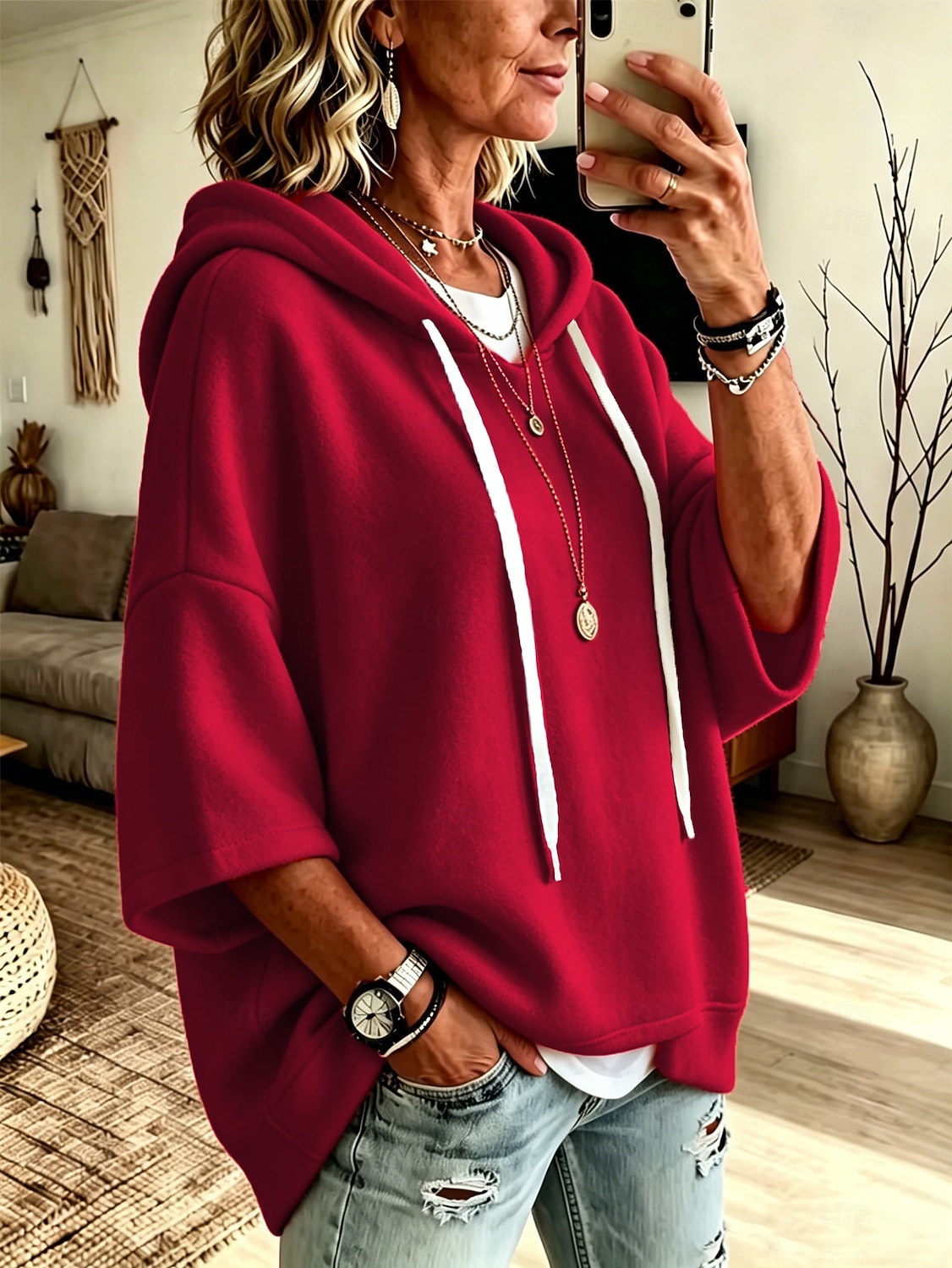 27% OFF | Relaxed 3/4-Sleeve Fleece Hooded Pullover